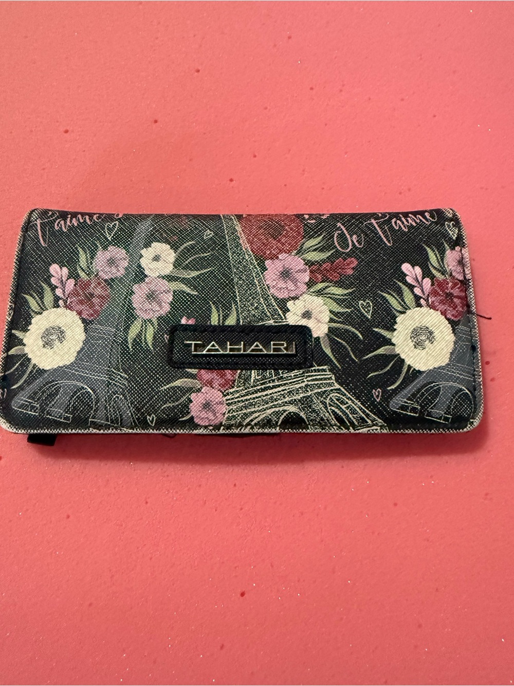 Tahari Black Floral Eiffel Tower Zip Wallet